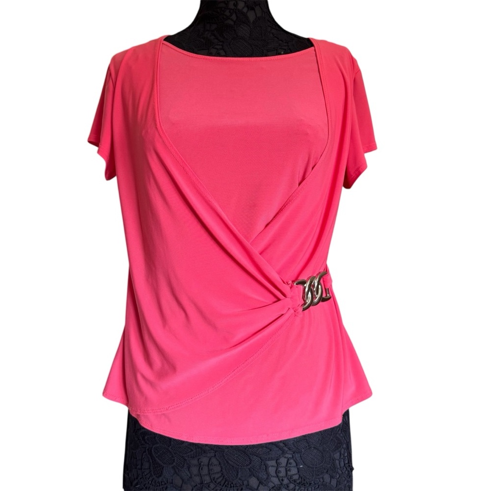American City Wear Pink Orange Coral Draped Faux Wrap Short Sleeve Blouse Med